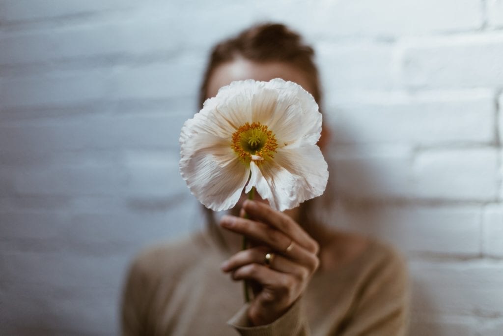 person holding white poppy in hand